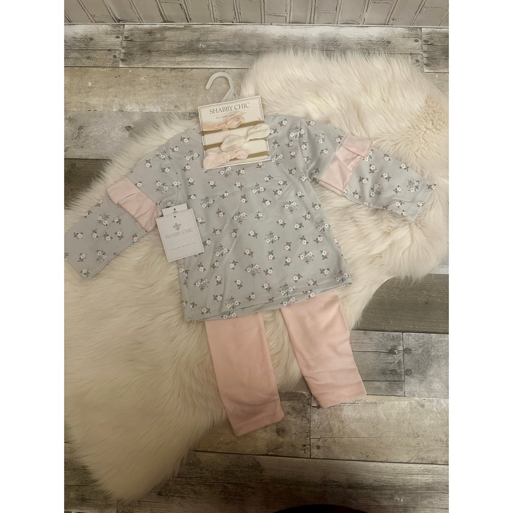 *NEW* Shabby Chic 3 pc Set Girl Outfit Bows Long Sleeve Grey Pink Floral Flowers